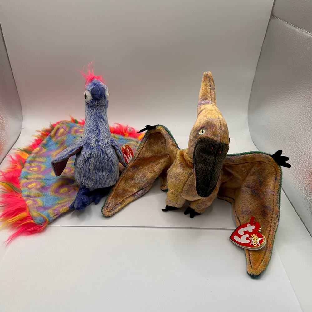 Beanie Babies Swoop the Pterodactyl and Flashy the Peacock Glass Eyes Very Nice
